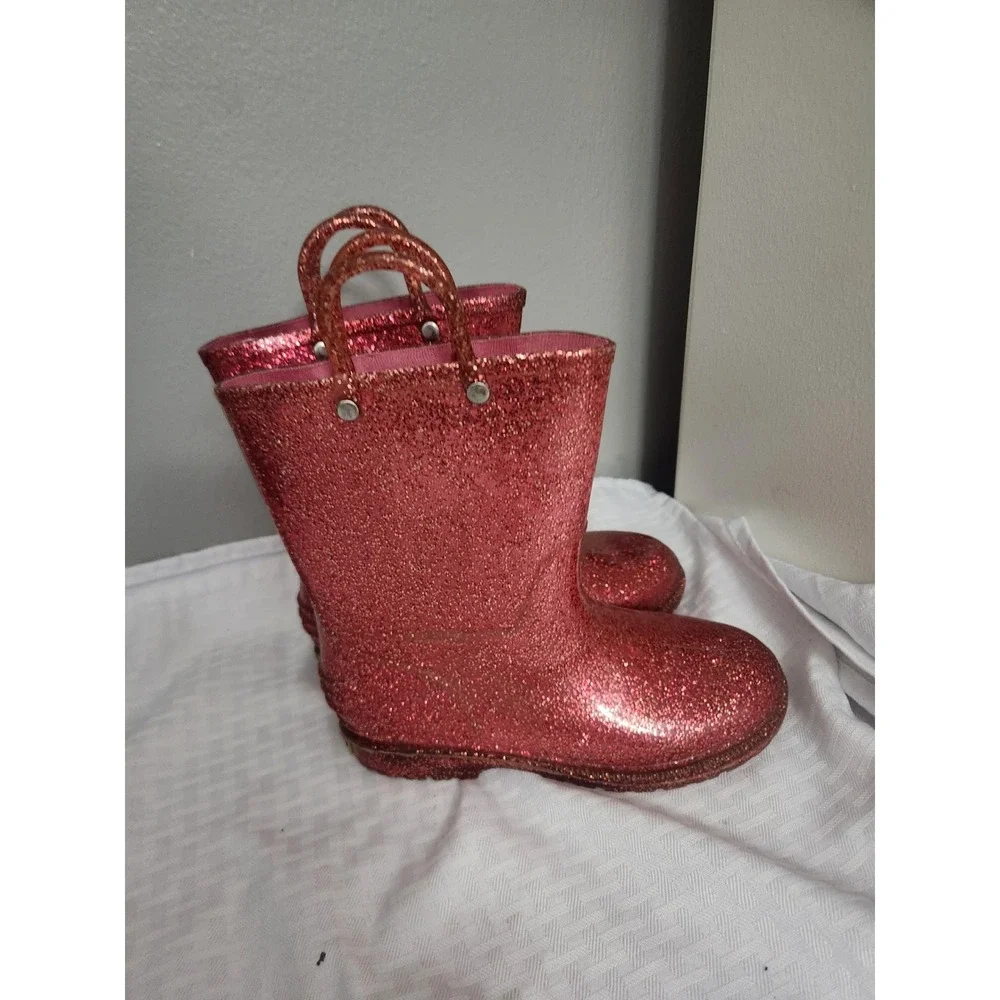 Western Chief Kids Pink Glitter PVC Rain Boots Waterproof Pull On Size 13/1